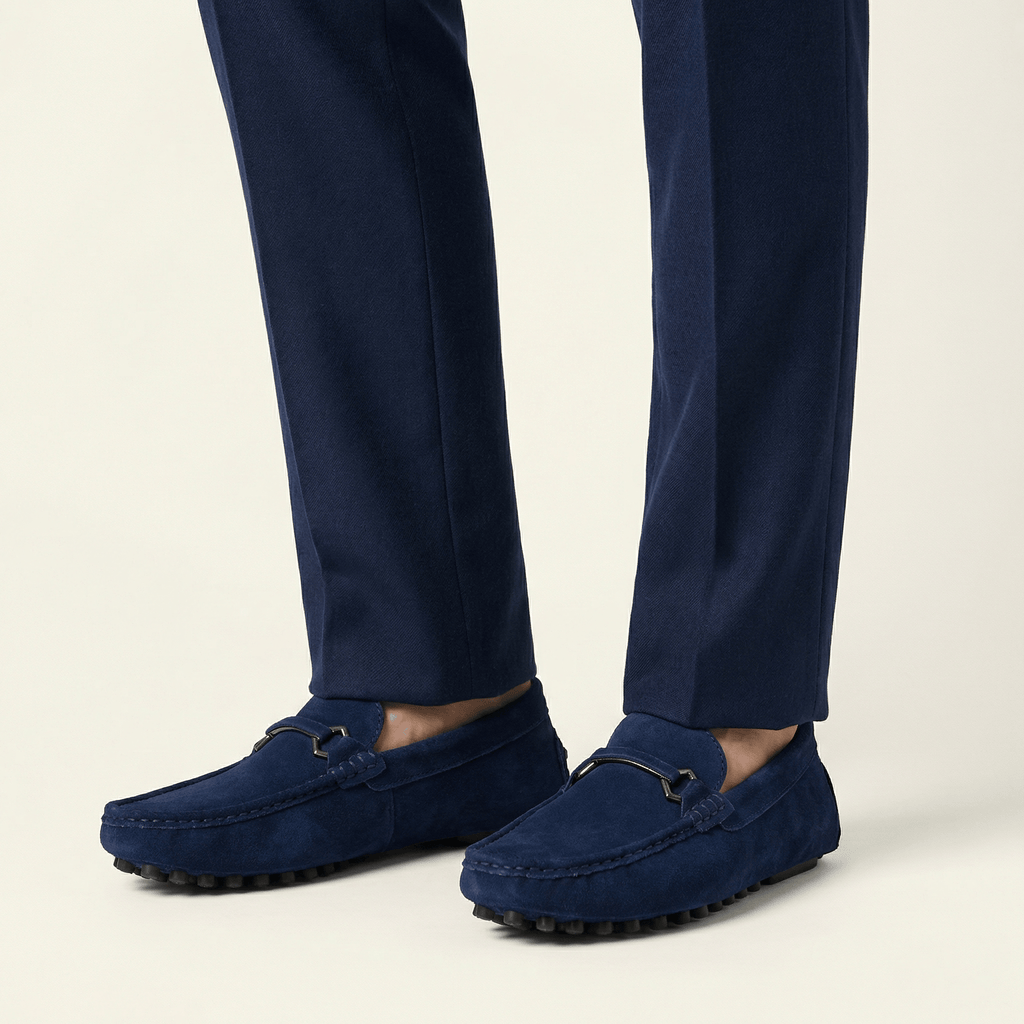 Metal-Buckle Suede Driving Loafer