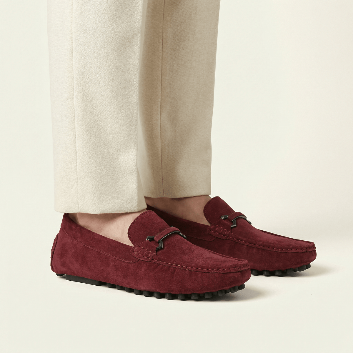 Metal-Buckle Suede Driving Loafer