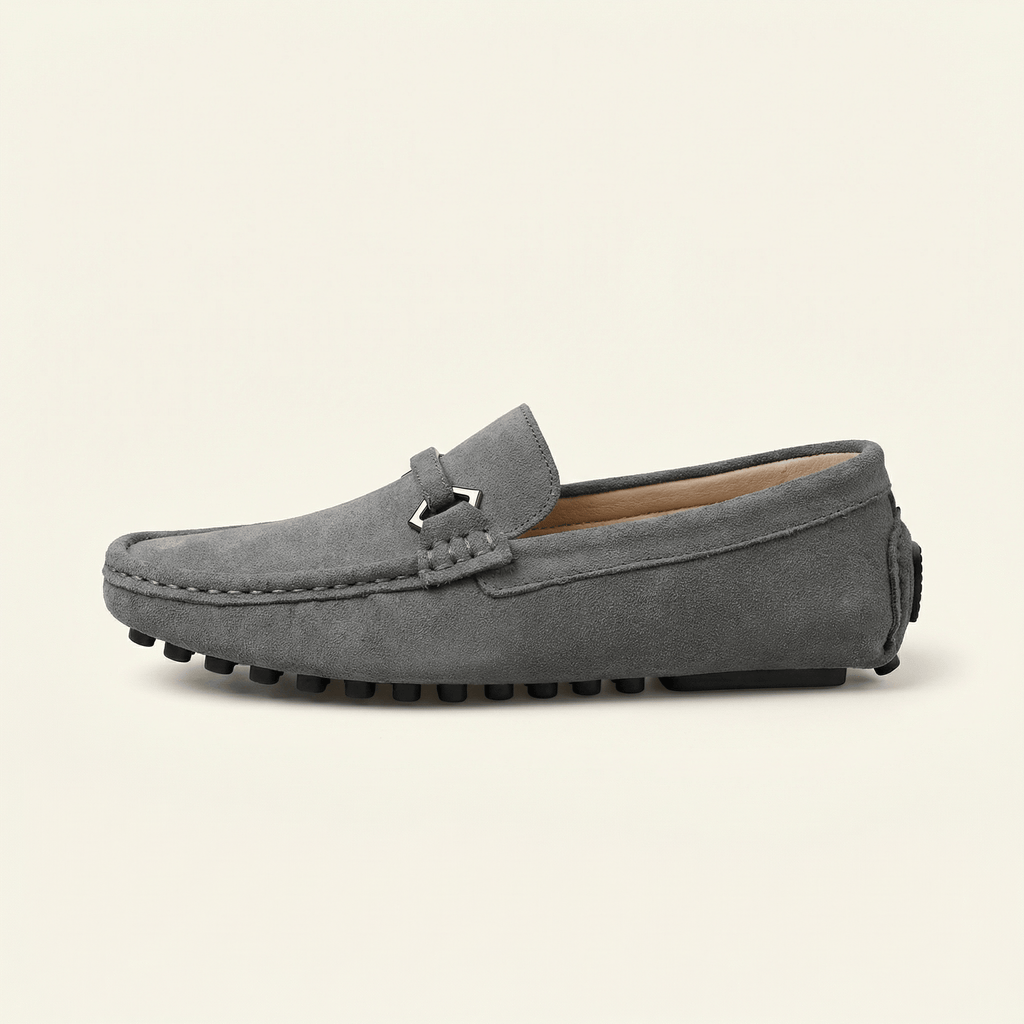 Metal-Buckle Suede Driving Loafer