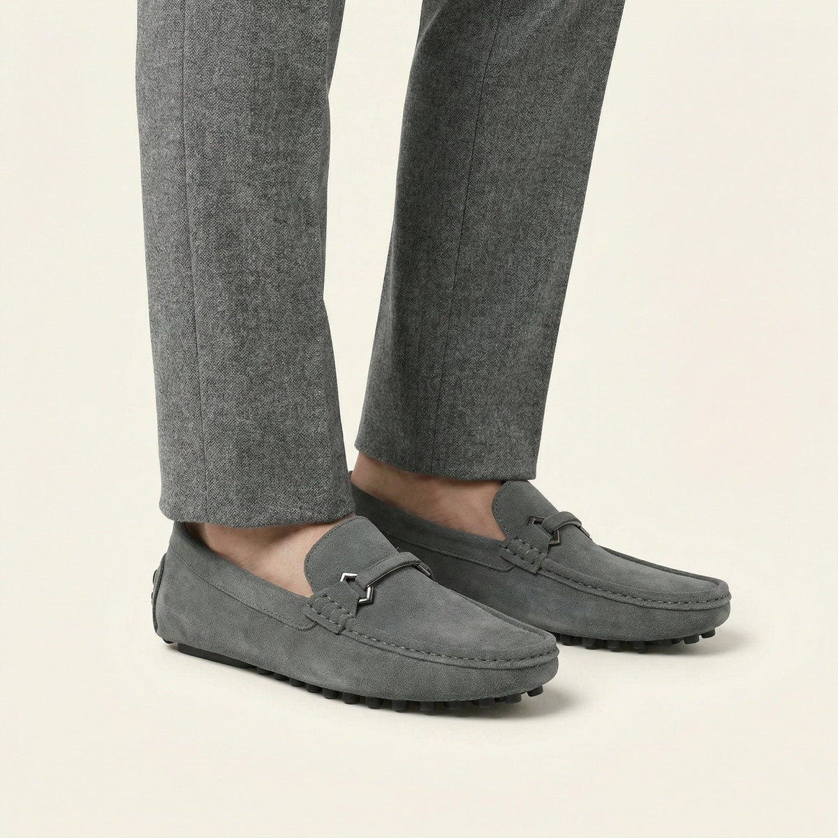 Metal-Buckle Suede Driving Loafer