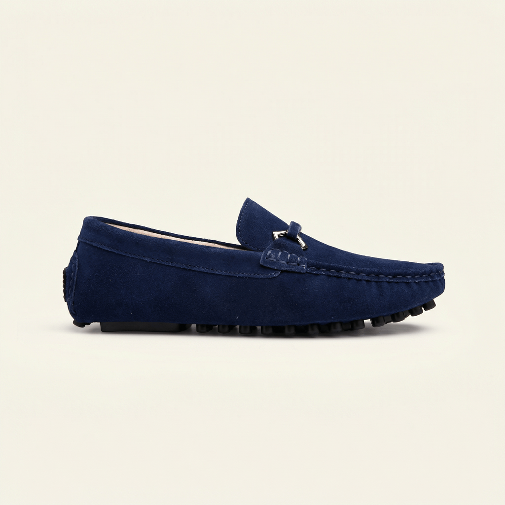 Metal-Buckle Suede Driving Loafer