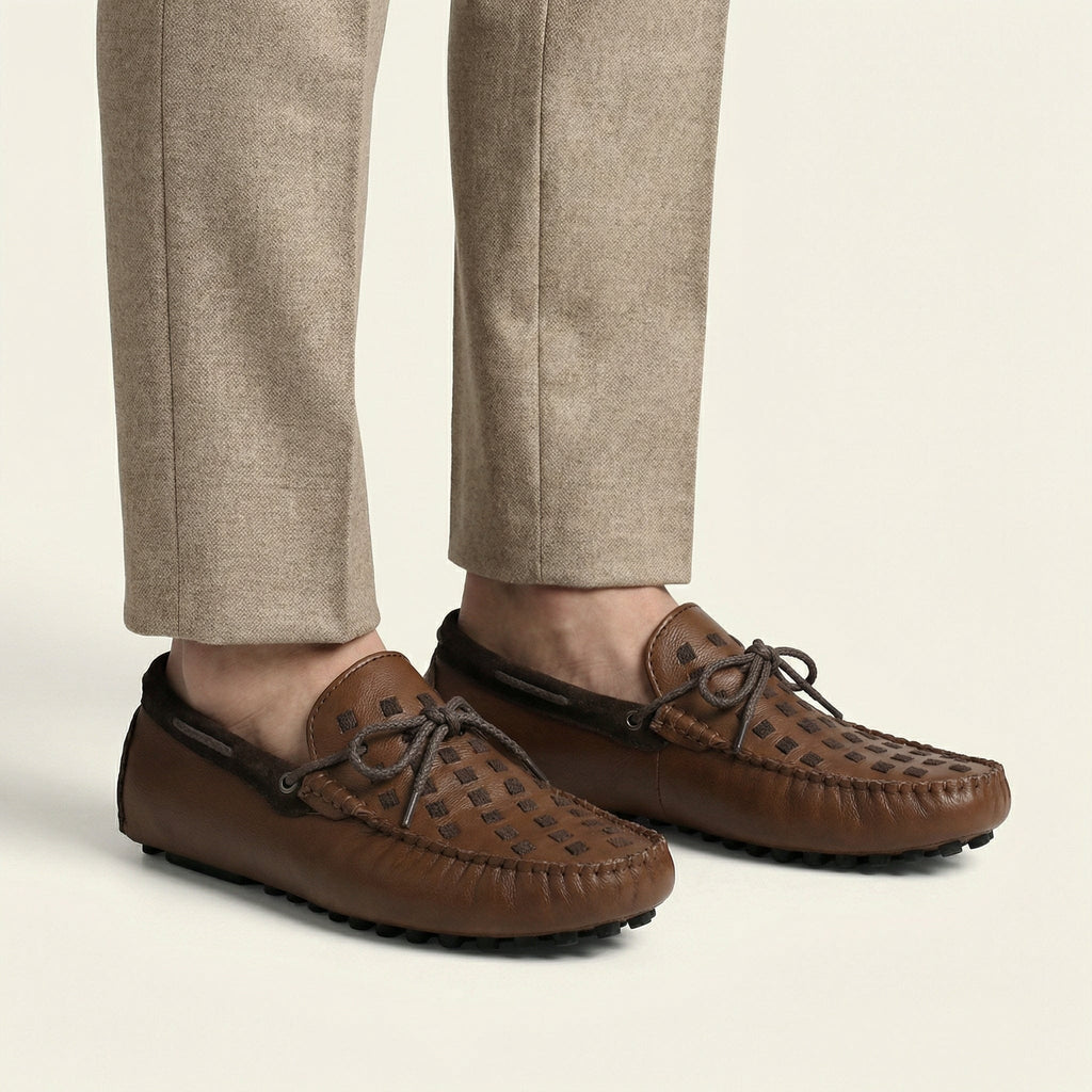 Laced Woven Leather Driving Loafer