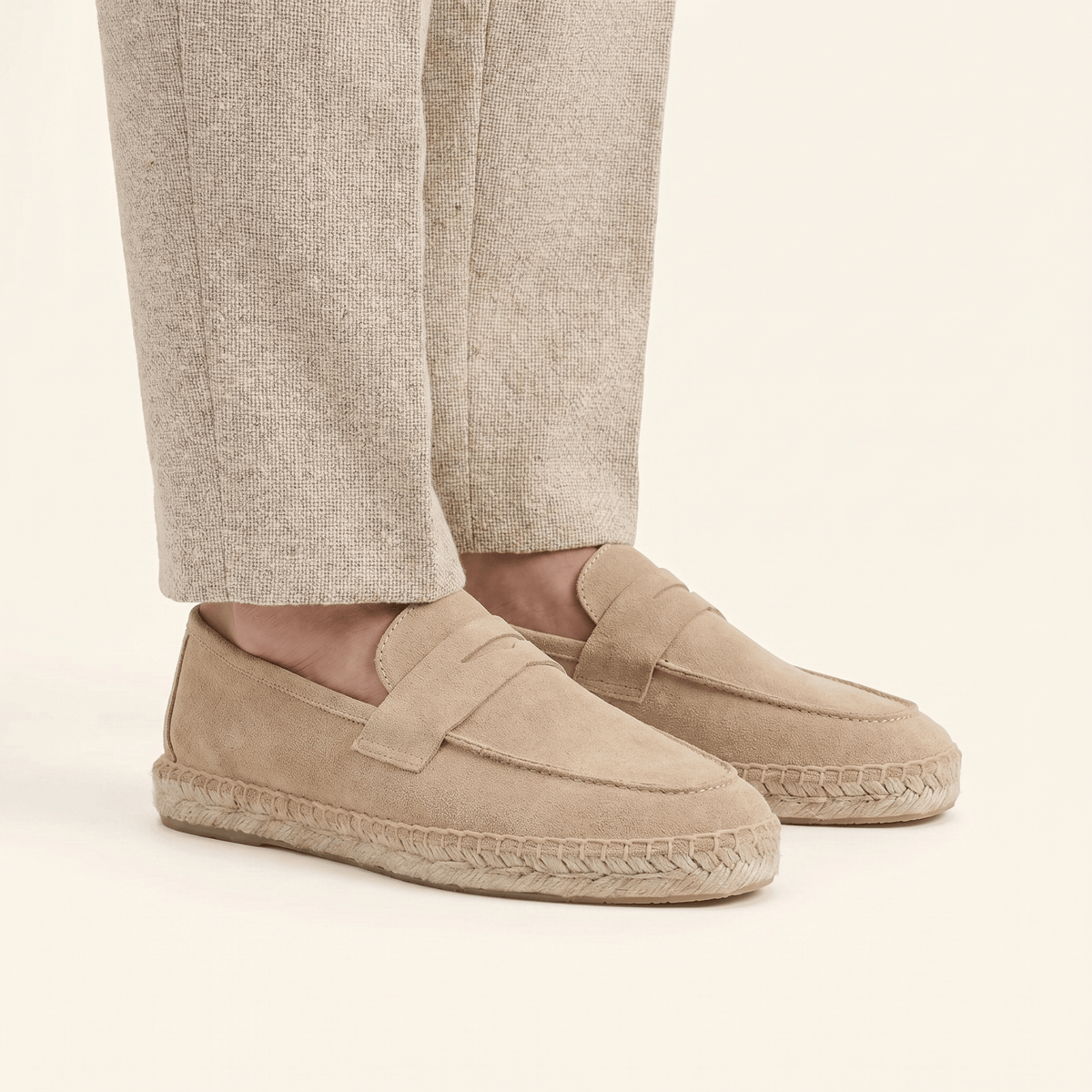 Men's Espadrille-Sole Suede Penny Loafer