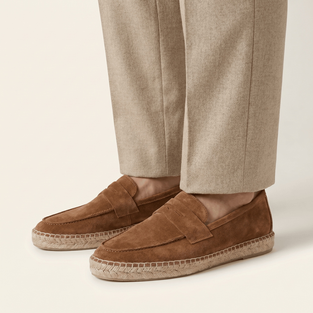 Men's Espadrille-Sole Suede Penny Loafer