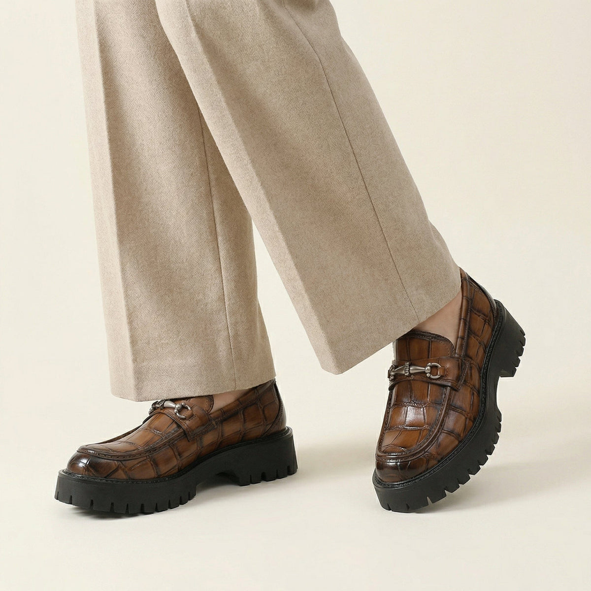 Croc-Embossed Leather Platform Bit Loafer