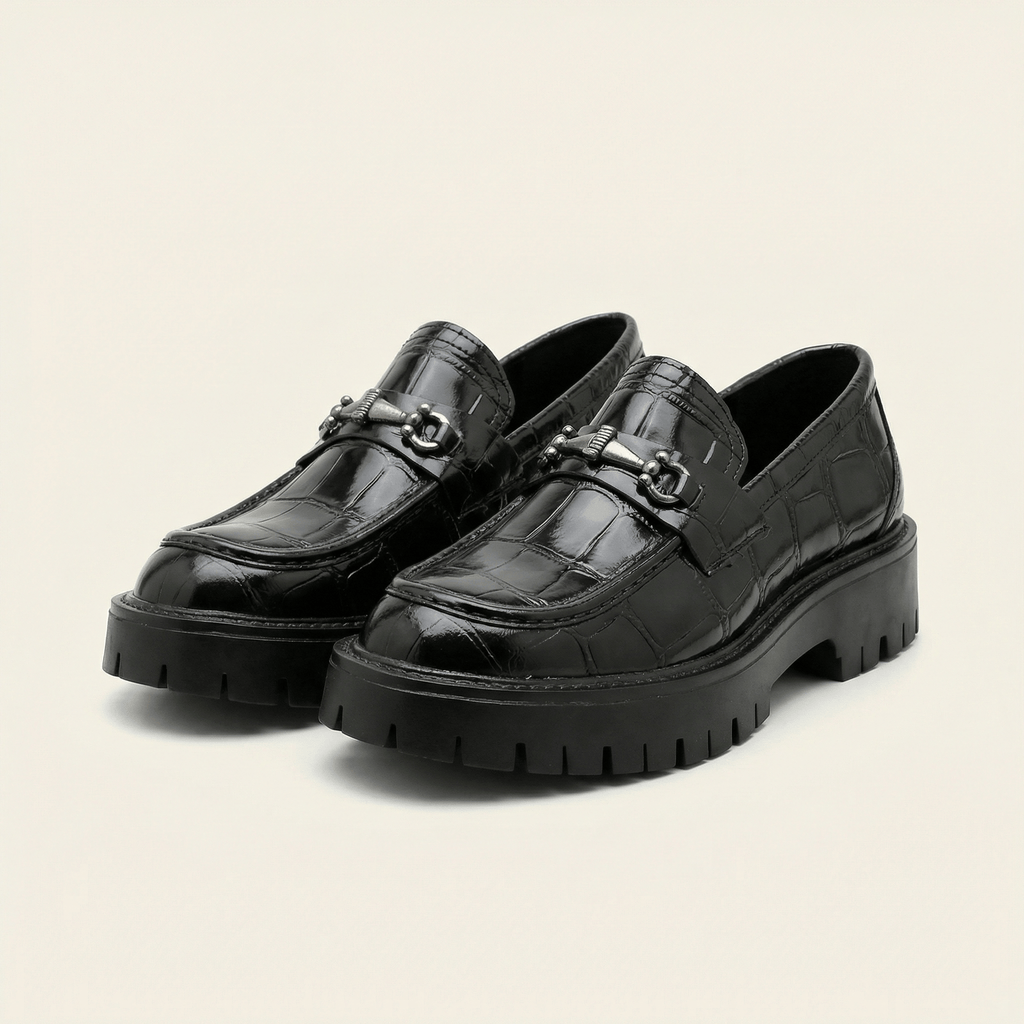 Croc-Embossed Leather Platform Bit Loafer