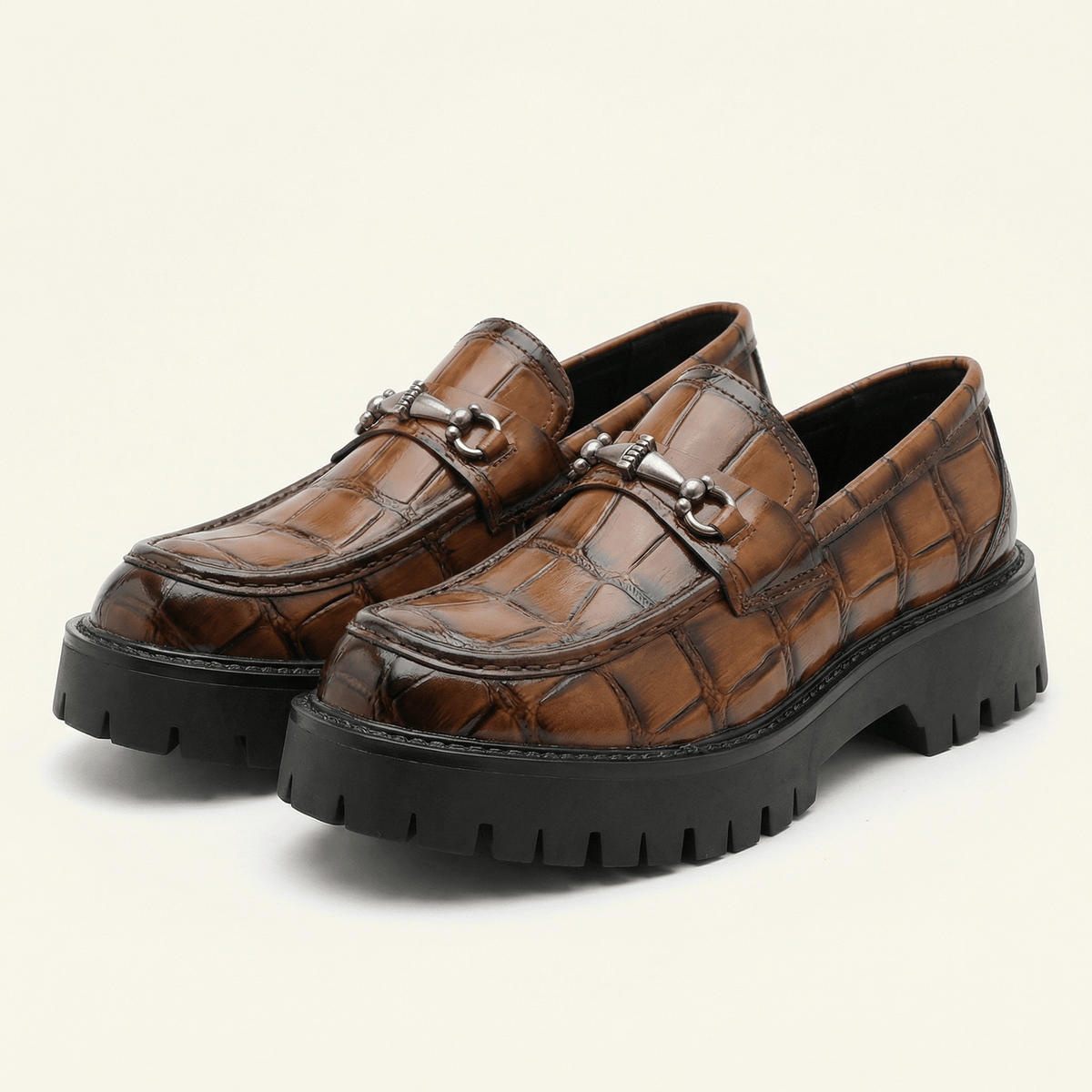 Croc-Embossed Leather Platform Bit Loafer