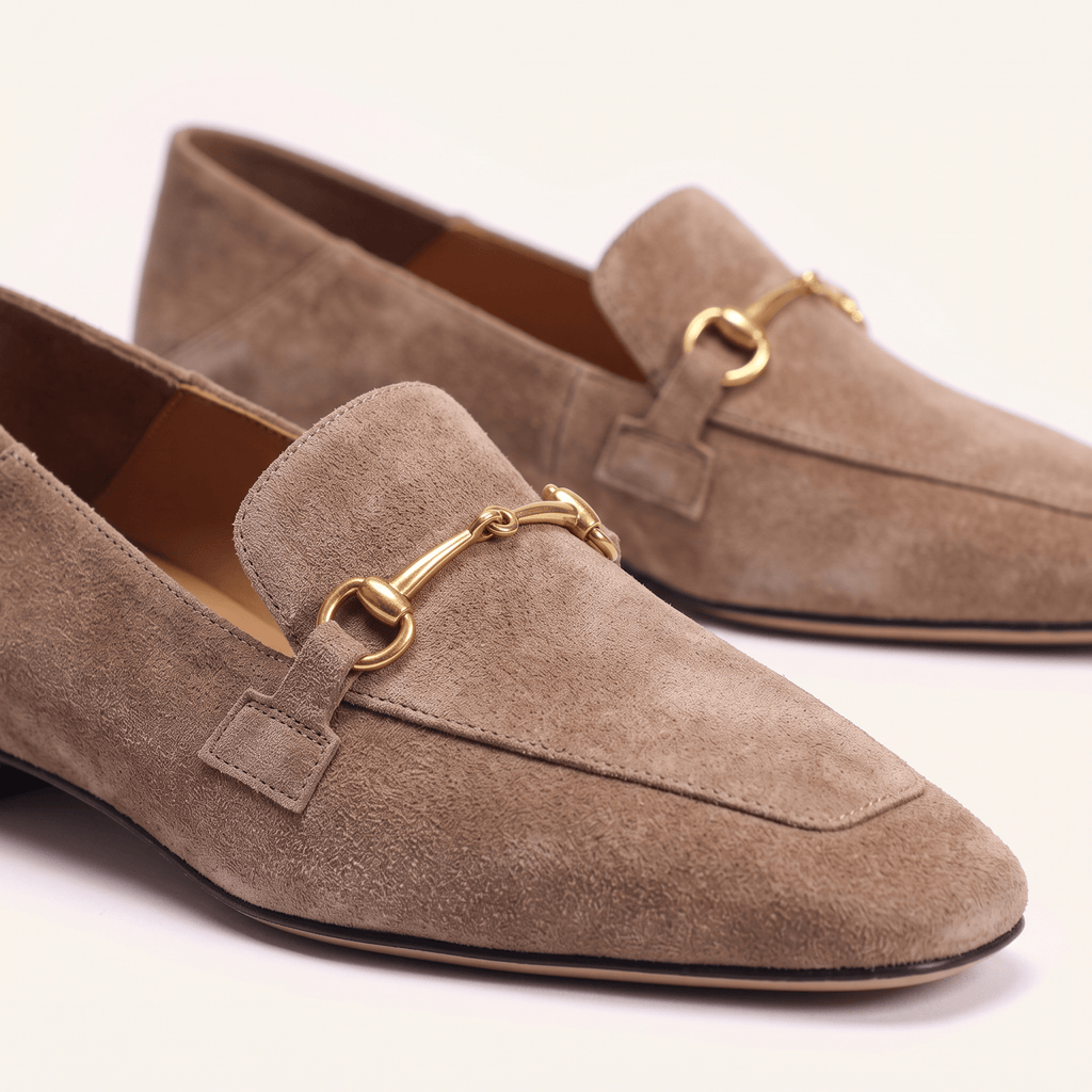 Women's Square-Toe Suede Loafers with Gold Detail and Low Heel