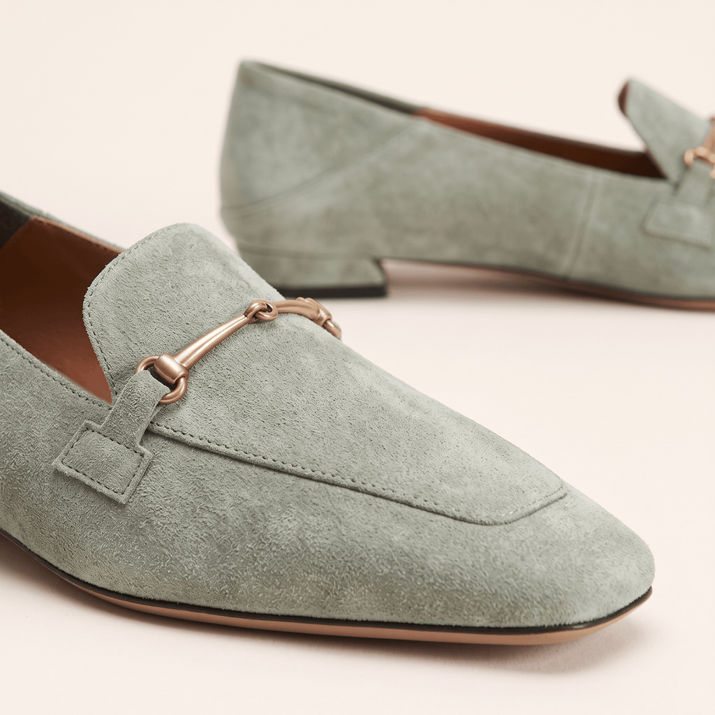 Women's Square-Toe Suede Loafers with Gold Detail and Low Heel