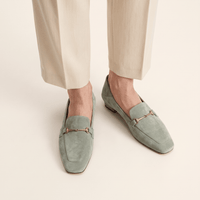 Women's Square-Toe Suede Loafers with Gold Detail and Low Heel