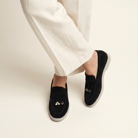 Women's Suede Penny Loafers with Gold Detail